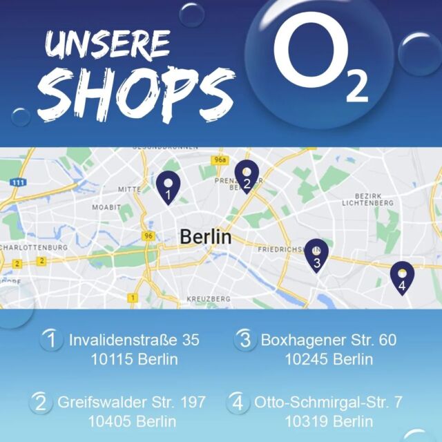 👋 Besucht uns in einem unserer 4 Shops in Berlin.

Alle Angebote, die wir hier für euch posten gelten auch nur in diesen 4 Shops. ⬇️

💙 Otto-Schmirgal-Str. 7
10319 Berlin 

💙 Boxhagener Str. 60
10245 Berlin 

💙 Greifswalder Str. 197
10405 Berlin 

💙 Invalidenstraße 35
10115 Berlin 

#berlintipps #Berlin #berlincity #berlincalling #o2berlin #o2 #o2cando #o2shops #shops #mobilfunk #handy #smartphone  #wlan #verbindung #tarife #storysberlin